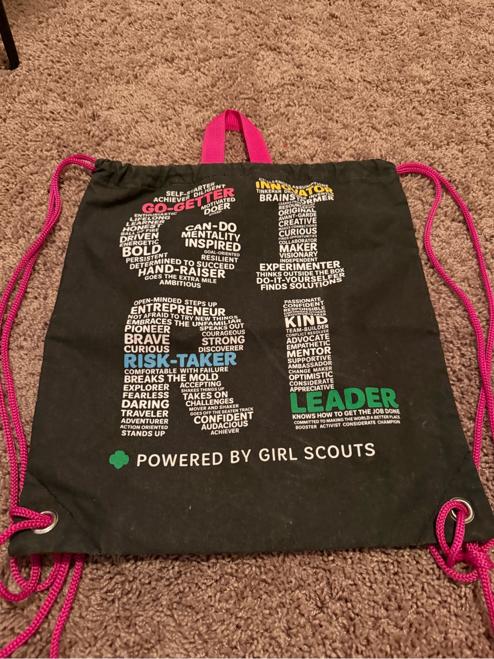 Girl Scouts - Black Drawstring Backpack with Pink Cords